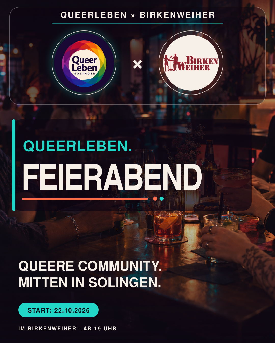 Einladung: QueerLeben Feierabend im Birkenweiher. Start 22. Oktober 2026, ab 19 Uhr.